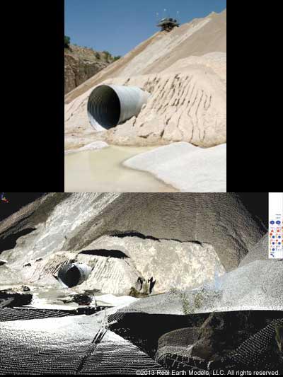 Photo and laser image of escape tunnel under limestone pile